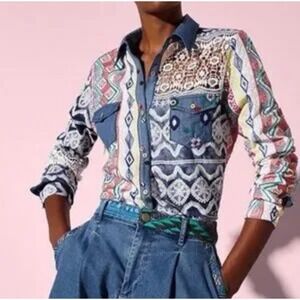 Desigual Mauricia Shirt Western Style Top Button Front Multi Color Size Large